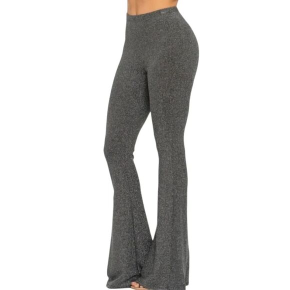 Boutique Lurex Flared Long Pants Bell Bottom Silver Gray Glitter Knit Jersey - Picture 1 of 13